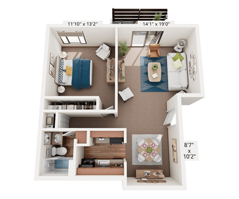 Floor plan for 1 bed, 1 bath, 700 sqft